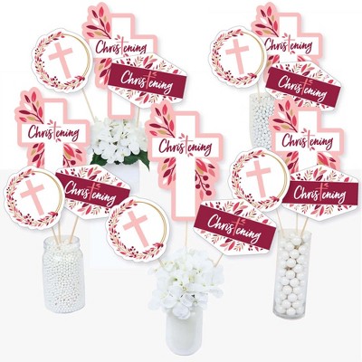 Big Dot of Happiness Christening Pink Elegant Cross - Girl Religious Party Centerpiece Sticks - Table Toppers - Set of 15