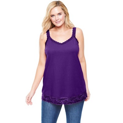 Woman Within Plus Size Lace-Trim V-Neck Tank