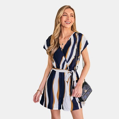 Women's Chic Striped Wrap Romper with Tie Belt - Cupshe
