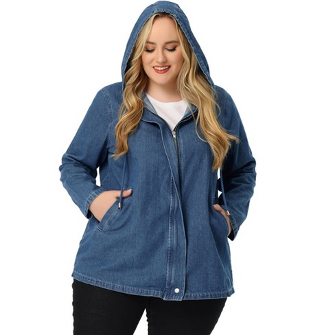 Agnes Orinda Women's Plus Size Layered Drawstring Hood Denim Utility Jacket With : Target