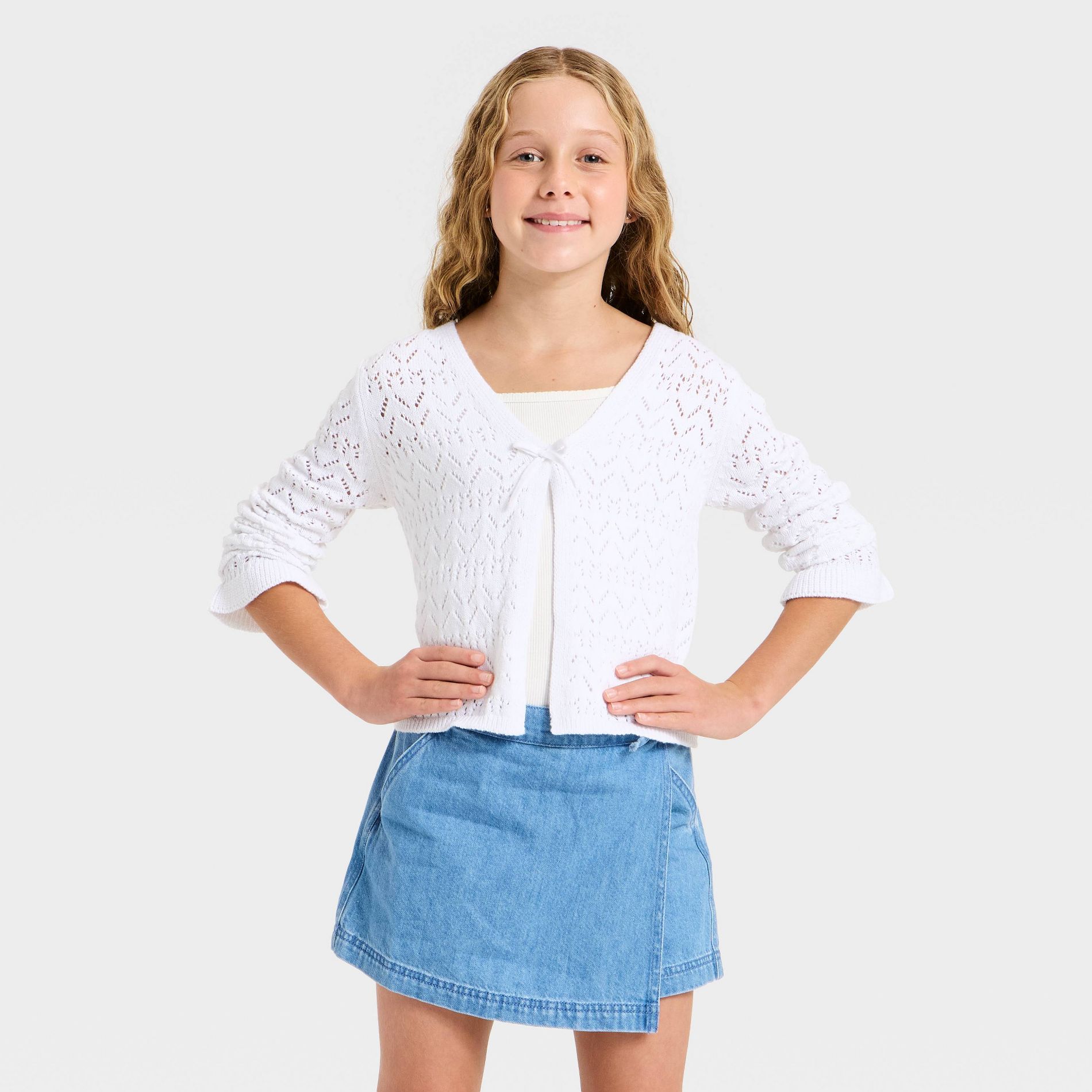 Girls' Pointelle Open Cardigan Sweater - Cat & Jack™ White L