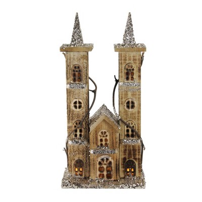 Northlight 15.75" Brown and Silver LED Lighted Double Tower Church Christmas Decor