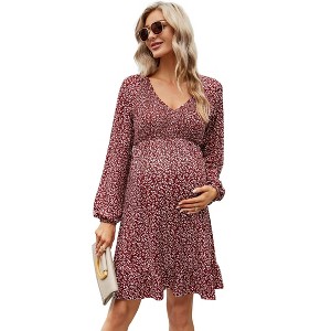 Coolmee Womens Maternity Casual Midi Dress Elegant Long Sleeve Flowy Smocked Waist Pregnant Dresses - 1 of 4