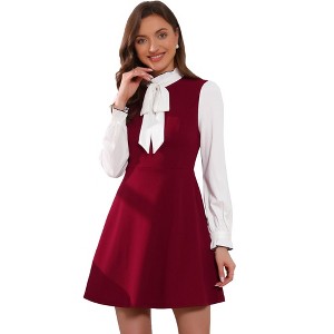 INSPIRE CHIC Women's Elegant Contrast Ruffle Stand Collar Bow Tie Puff Sleeve Office Dress - 1 of 4