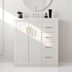 Mshliw 30 Inch Bathroom Vanity with Ceramic Sink, Freestanding Cabinet with 3 Drawers and Soft-Close Doors, Solid Wood Frame - 1 of 4