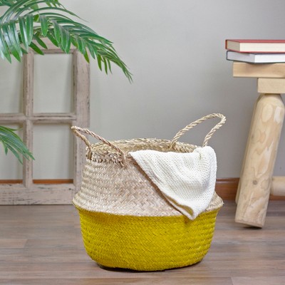 Beige and Yellow Seagrass Belly Basket with Handles