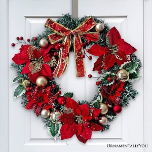 Refined Red and Gold 20" Christmas Wreath, Poinsettias, Ribbons and Ornament Baubles| OrnamentallyYou - 1 of 4