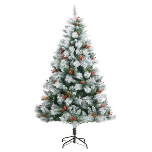 vidaXL Green and White Artificial Hinged Christmas Tree with Cones and Berries - PVC Material, 70.9 inches Height, Sturdy Metal Stand Included - 1 of 4