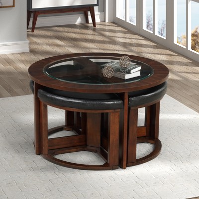 Cylina Dark Brown Wood Glass Top Round Coffee Table with 4 Stools