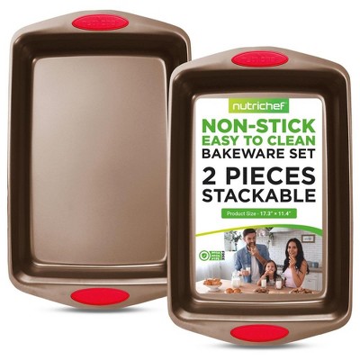 NutriChef 2-Piece Baking Pan Set - PFOA, PFOS, PTFE Free Nonstick Golden Coating Carbon Steel Bakeware - Kitchen Bake Cookie Sheet Stackable Tray