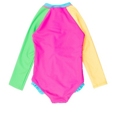 RuffleButts Toddler Girls' UPF50+ Long Sleeve Rash Guard One Piece - Neon Color Block, 4T — фото 2