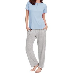 Ekouaer Womens Pajamas Sets Soft Ribbed Knit PJs Short Sleeve Sleepwear Sets Button Plaid Lounge Set - 1 of 4
