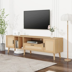 Rattan TV Stand with Storage for TVs up to 80", Entertainment Center with Cabinets and Shelves for Living Room or Bedroom – The Pop Home - 1 of 4