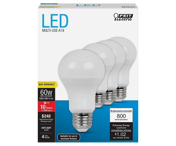 Feit A19 60-Watt LED Light Bulb (4 Pack) - Soft White