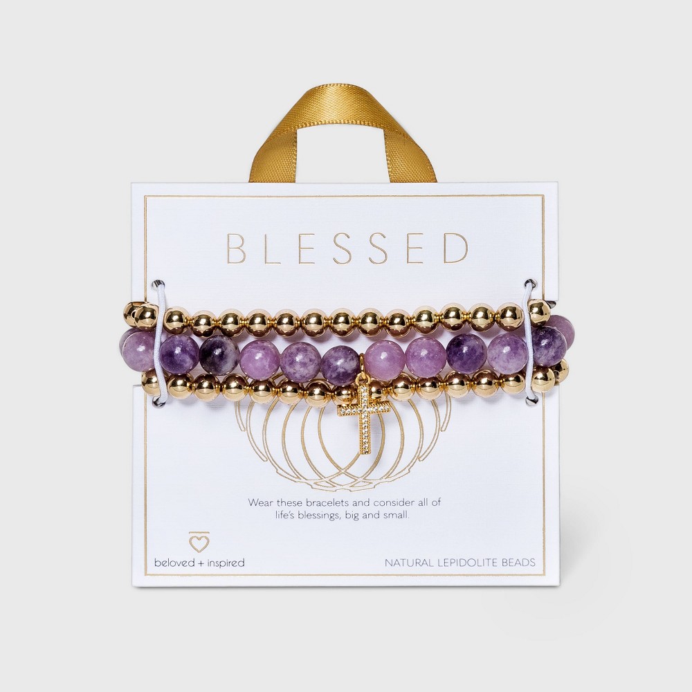 Beloved + Inspired Gold Granite with Cross Trio Stretch Beaded Bracelet Set - Purple