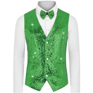 INSPIRE CHIC Men's V-Neck Disco Party Shiny Sequins Waistcoat with Bowtie - 1 of 4