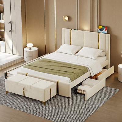 2-Piece Bedroom Set, Queen Size Velvet Upholstered Platform Bed with Storage Ottoman, Trundle, 2 Drawers, Night Light & USB Ports - ModernLuxe