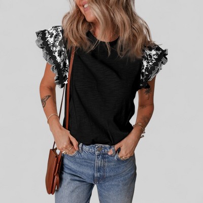 Amaryllis Women’s Ruffle Sleeve Contrast Trim Floral Embroidered Top Soft Knit Bodice T-Shirt- Medium ,Black