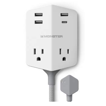 Monster Power Shield Moveable Power Outlet with 2 AC Outlets, 3 USB-A, 1 USB-C, Magnetic Plate, & 6 ft Cord (White).