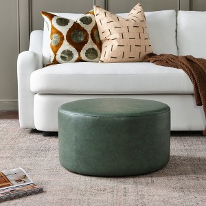 KINWELL Faux Leather Round Upholstered Footstool PU Ottoman, 24"x13" - 1 of 4