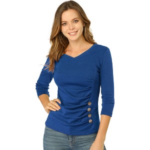 INSPIRE CHIC Women's V Neck 3/4 Sleeves Solid Knitted Buttons Decor Ruched Blouse - 1 of 4