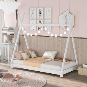 Twin Size House Platform Bed with Triangle tructure,White - 1 of 4