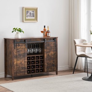 Coffee Bar Cabinet,47" w/16 Wine Glass Rack, Storage Shelves Farmhouse Wine Bar Sideboard w/Sliding Barn Door Kitchen Buffet Cabinet w - 1 of 4