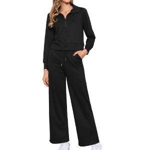 Allegra K Women's Half Zip Crop with Stylish Collar and Wide Leg Pants Casual Sweatshirts Tracksuit Set - 1 of 4