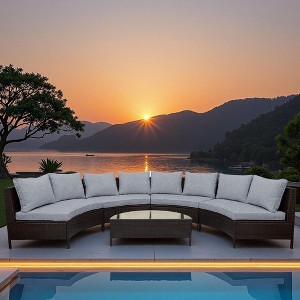 5-Piece Outdoor Rattan Half-Moon Sectional Sofa Set with Tempered Glass Coffee Table - 1 of 4