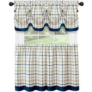 Kate Aurora Country Farmhouse Plaid 3 Pc Tattersall Cafe Kitchen Curtain Tier & Valance Set - 1 of 3