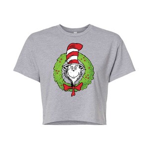 Women's The Cat in the Hat Cat Wreath Cropped Graphic T-Shirt - Heather Grey - 2 X-Large - 1 of 4