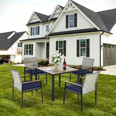 FIONECA All-Weather 5-Piece Patio Dining Set with Acacia Wood Table Top & Umbrella Hole, Light Gray Rattan Outdoor Conversation Set