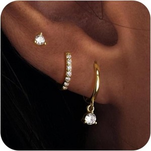 3 Pairs Gold Hoop Earrings Set: Dainty Huggie, Cartilage & CZ Studs - 1 of 4