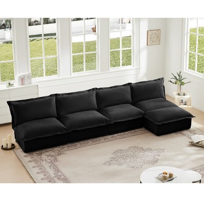 Modern Sectional Sofa, Slipcovered 4 Seater Armless Sofa with Reversible Ottoman, Sectional Sofas with Chenille Fabric-Cuddlewood