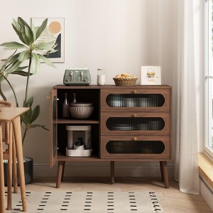 Airsurfer Accent Cabinet with 3 Drawers and Glass Door, Mid-Century Wooden Storage Sideboard with Shelves for Living Room, Entryway, Natural Finish - 1 of 4