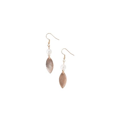 Slickblue Women's Drop Earrings, Feather Shape Design, Gold with Pearl Accent, Dangle Style, 1.3" Length