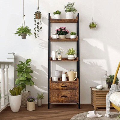 Rustic Brown Ladder Bookcase with Metal Frame and 2 Drawers
