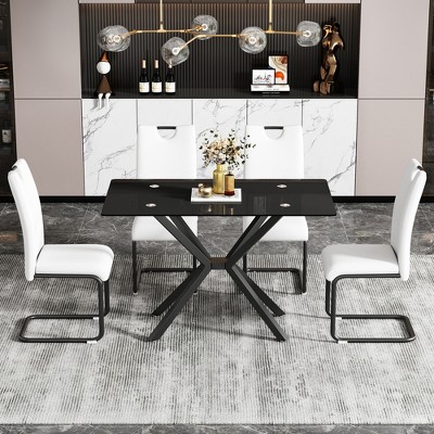 Bencmate Coffee Tables Rectangular Glass End Table With Glass Top And Metal Legs, Modern Simple Design, Adjustable Feet, Black, 47.24"*27.56"*29.53"