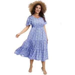 Women's Plus Size Midi Casual Dress with Pockets 1X-4X Tiered Short Sleeve Relax Fit Crewneck Summer Dresses - 1 of 2