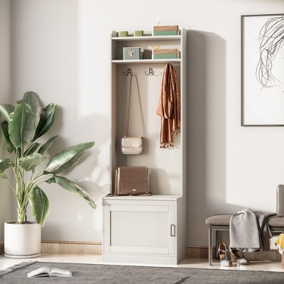 White Wood Hall Tree with Storage Bench and Coat Hooks