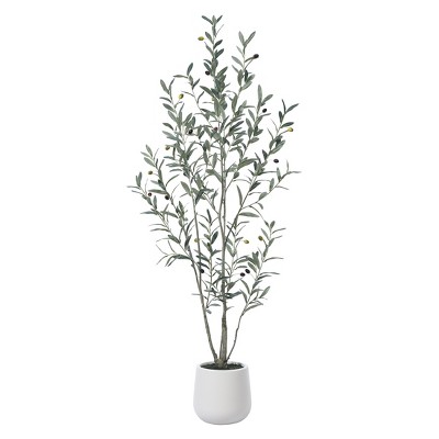 DR.Planzen Fake Plastic Olive Tree with Oval White Planter, Pre Potted Faux Greenry Plant With Encrypted branch and Artificial Fruits for Home Decor