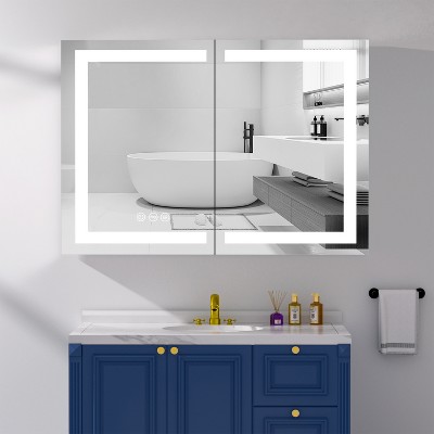 HBEZON Medicine Cabinet with Mirrors and Lights, Recess/Wall Mount LED Bathroom Cabinet, Defogger, Dimmable, Aluminum, Silver