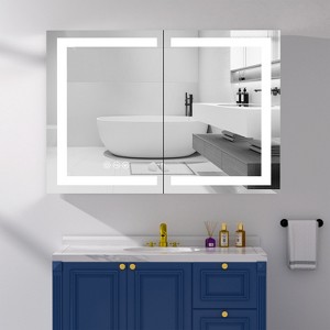 HBEZON Medicine Cabinet with Mirrors and Lights, Recess/Wall Mount LED Bathroom Cabinet, Defogger, Dimmable, Aluminum, Silver - 1 of 4