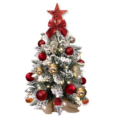 NAYSAYE 22IN Pre-Lit Mini Christmas Tree Red Tabletop Decoration with Ornaments for Home Office Apartment, Red, 6"*6"*21.65"