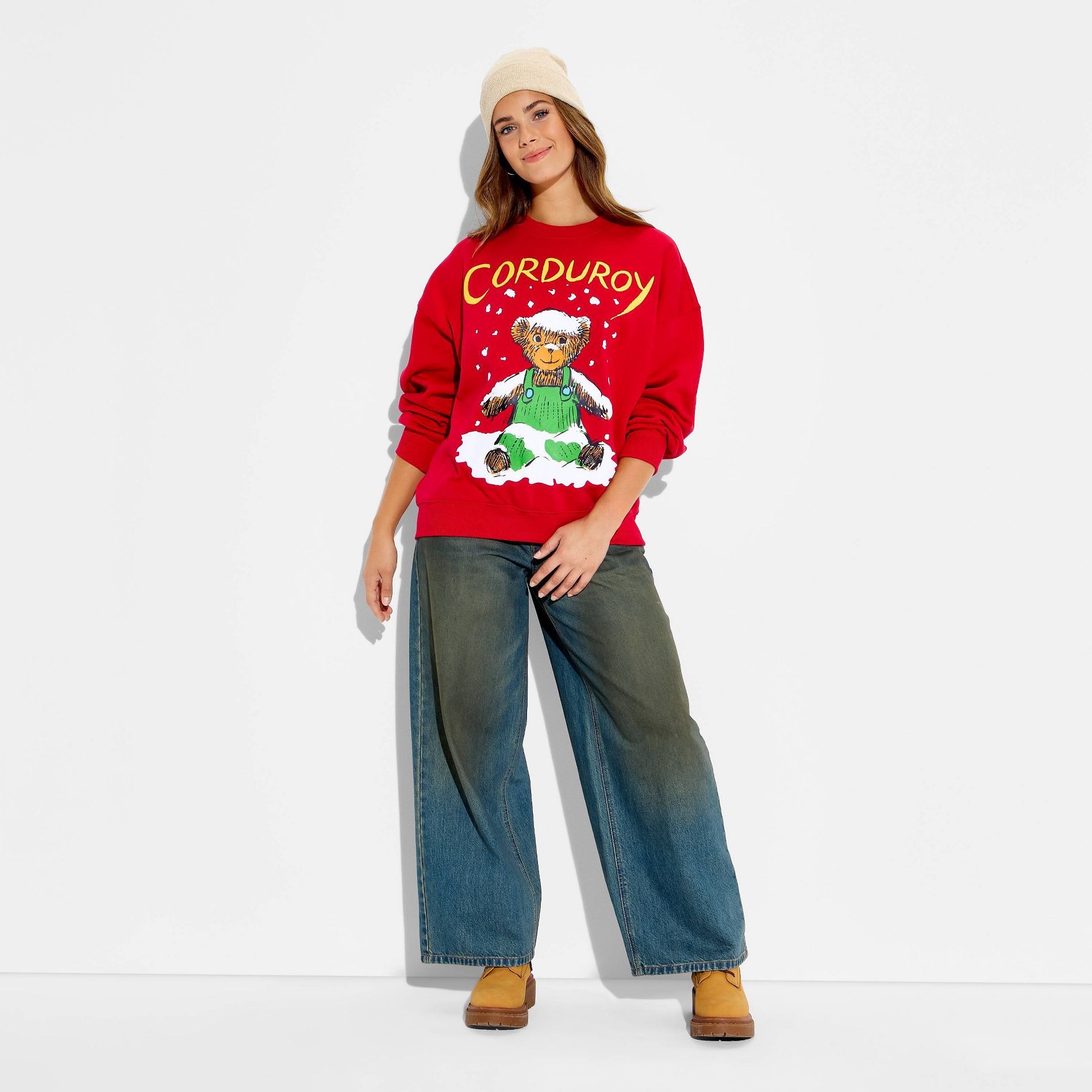 Women's Corduroy Bear Fleece Graphic Sweatshirt - Red