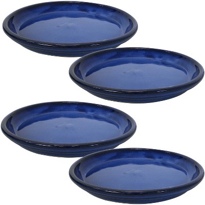 Sunnydaze Outdoor/Indoor Ceramic High-Fired Glazed UV-Resistant and Frost-Resistant Flower Pot Planter Saucers - 12" Diameter - Imperial Blue - 4-Pack