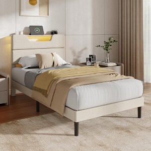 Twin Size Bed Frame with LED Lights Headboard with Charging Station Upholstered Platform Bedframe Metal Support No Box Spring Needed 2-Tier Storage - 1 of 4