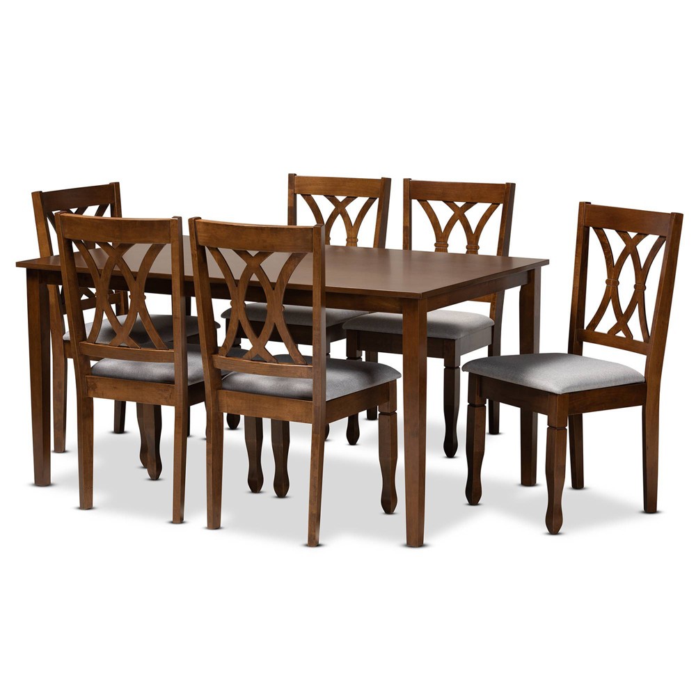 Photos - Dining Table 7pc Augustine Fabric Upholstered Dining Set Gray/Walnut Brown - Baxton Stu