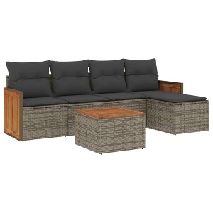 vidaXL 6 Piece Patio Sofa Set with Cushions Gray Poly Rattan - With Table - 1 of 4