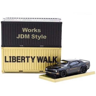 Dodge Challenger SRT Hellcat "LB-WORKS - Liberty Walk" Black Met w/Shipping Container 1/64 Diecast Model Car by Tarmac Works